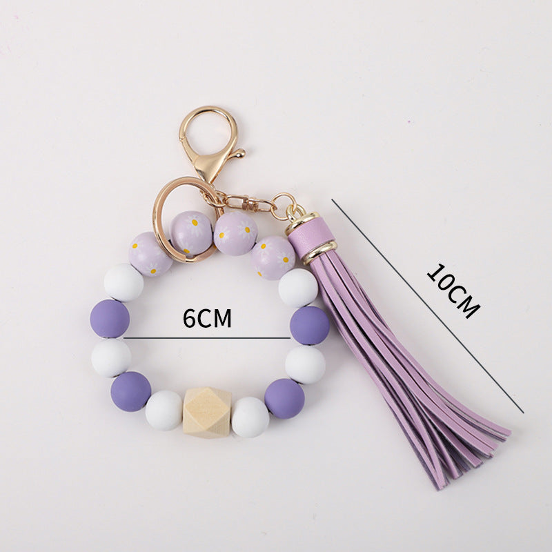 Wholesale Tassel Silicone Wooden Bead Bracelet Keychain